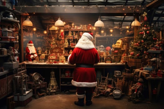 Santa Claus works diligently, creating and wrapping toys in his festive workshop for children's Christmas delight