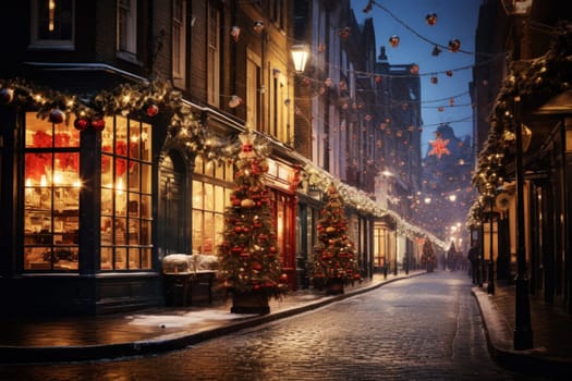 Christmas lights and Christmas decorations on the streets. Beautiful holiday scenery in the city. New year's card