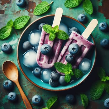 Homemade strawberry cherry banana blueberry ice cream or popsicles decorated green mint leaves on teal rustic table, frozen fruit juice, vintage style, top view