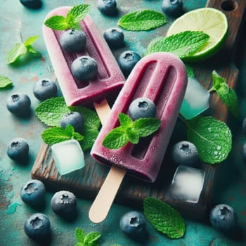 Homemade strawberry cherry banana blueberry ice cream or popsicles decorated green mint leaves on teal rustic table, frozen fruit juice, vintage style, top view