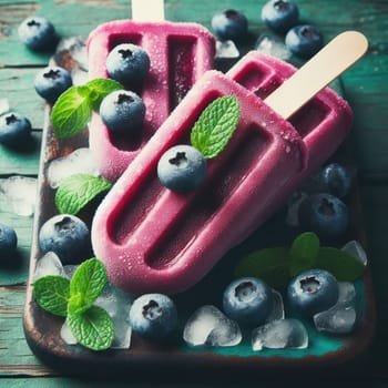 Homemade strawberry cherry banana blueberry ice cream or popsicles decorated green mint leaves on teal rustic table, frozen fruit juice, vintage style, top view