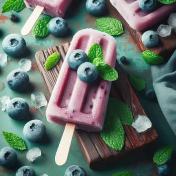 Homemade strawberry cherry banana blueberry ice cream or popsicles decorated green mint leaves on teal rustic table, frozen fruit juice, vintage style, top view