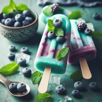 Homemade strawberry cherry banana blueberry ice cream or popsicles decorated green mint leaves on teal rustic table, frozen fruit juice, vintage style, top view