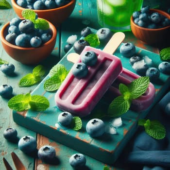 Homemade strawberry cherry banana blueberry ice cream or popsicles decorated green mint leaves on teal rustic table, frozen fruit juice, vintage style, top view