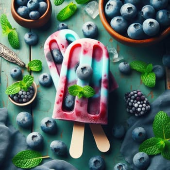 Homemade strawberry cherry banana blueberry ice cream or popsicles decorated green mint leaves on teal rustic table, frozen fruit juice, vintage style, top view