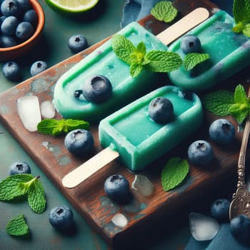 Homemade strawberry cherry banana blueberry ice cream or popsicles decorated green mint leaves on teal rustic table, frozen fruit juice, vintage style, top view