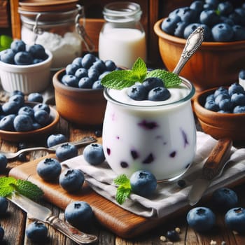 Blueberry yogurt served with fresh blueberries and mint leaves.