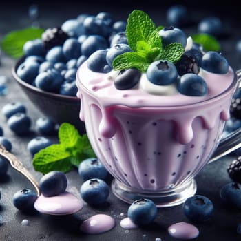 Blueberry yogurt served with fresh blueberries and mint leaves.