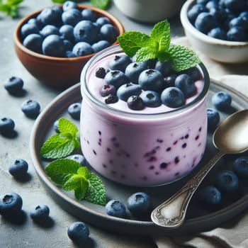 Blueberry yogurt served with fresh blueberries and mint leaves.