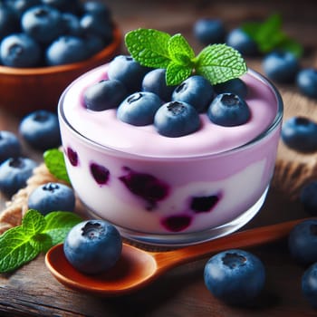 Blueberry yogurt served with fresh blueberries and mint leaves.