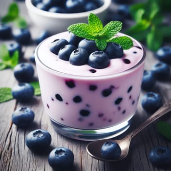 Blueberry yogurt served with fresh blueberries and mint leaves.