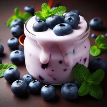 Blueberry yogurt served with fresh blueberries and mint leaves.