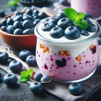 Blueberry yogurt served with fresh blueberries and mint leaves.