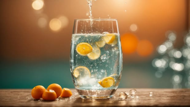 A beautiful transparent glass filled with a stream of fresh mineral water with ice, exploding with playful bubbles, sparkling on a wooden table.