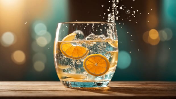 A beautiful transparent glass filled with a stream of fresh mineral water with ice, exploding with playful bubbles, sparkling on a wooden table.