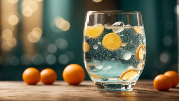 A beautiful transparent glass filled with a stream of fresh mineral water with ice, exploding with playful bubbles, sparkling on a wooden table.