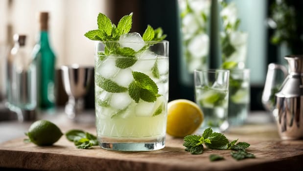 mojito in a beautiful transparent glass with fresh ice cubes. A refreshing cocktail combining a classic mojito and a bit of modern charm,