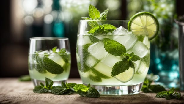 mojito in a beautiful transparent glass with fresh ice cubes. A refreshing cocktail combining a classic mojito and a bit of modern charm,