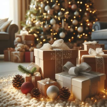 Luxury New Year gifts, different present boxes under Christmas tree in holiday eve, Christmastime celebration, home decorated with festive shiny balls, magic night