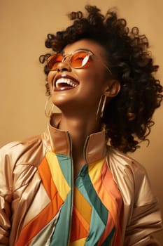 Excited african american female model smiling happily on beige background. AI Generated