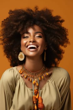 Excited african american female model smiling happily on beige background. AI Generated