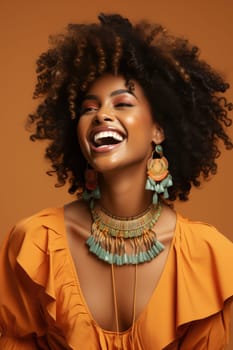 Excited african american female model smiling happily on beige background. AI Generated