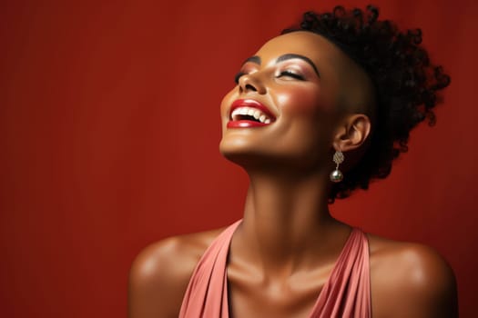 Excited african american female model smiling happily on red background. AI Generated