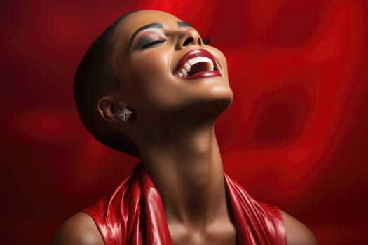 Excited african american female model smiling happily on red background. AI Generated