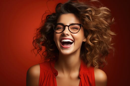 Excited caaucasian female model smiling happily on red background. AI Generated