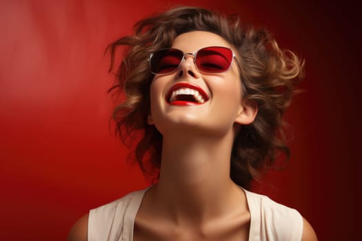 Excited caaucasian female model smiling happily on red background. AI Generated