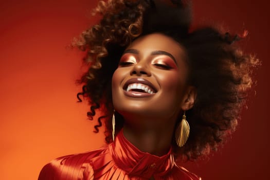 Excited african american female model smiling happily on red background. AI Generated