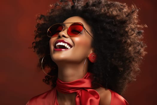 Excited african american female model smiling happily on red background. AI Generated