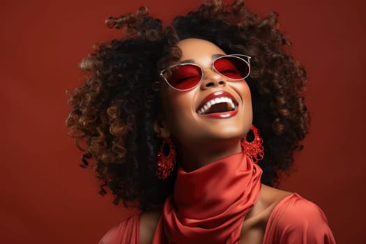 Excited african american female model smiling happily on red background. AI Generated