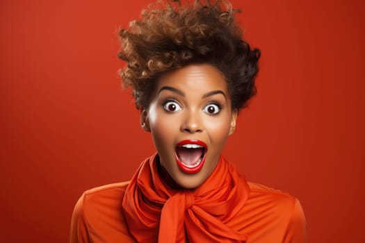 Excited african american female model smiling happily on red background. AI Generated