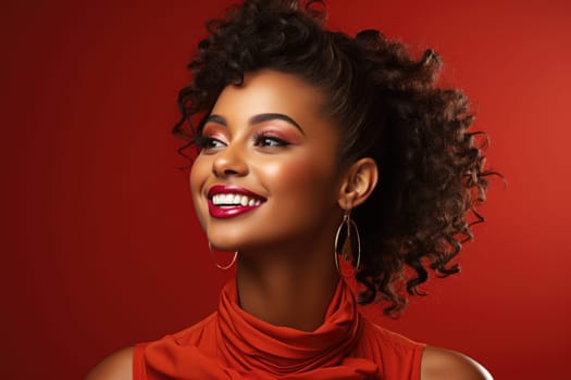 Excited african american female model smiling happily on red background. AI Generated
