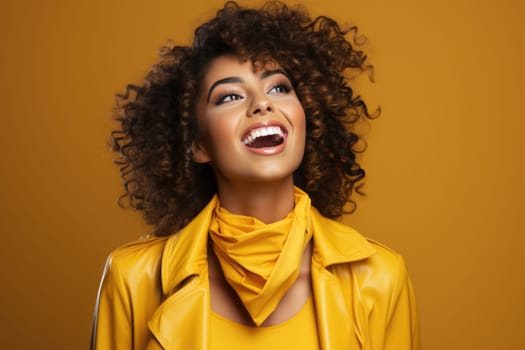 Excited african american female model smiling happily on yellow background. AI Generated
