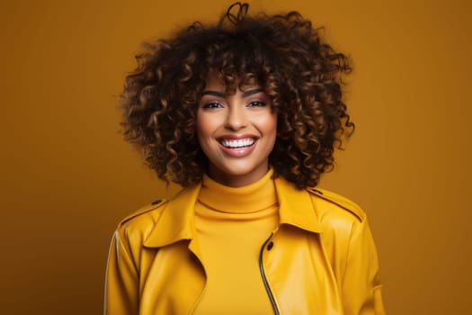 Excited african american female model smiling happily on yellow background. AI Generated