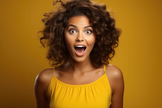 Excited african american female model smiling happily on yellow background. AI Generated