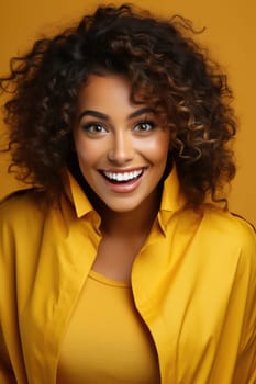 Excited african american female model smiling happily on yellow background. AI Generated
