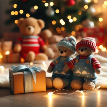 Merry Christmas and Happy Holidays! Cheerful cute childrens girls opening gifts. Kids wearing pajamas having fun near tree in the morning. Loving family with presents in room.