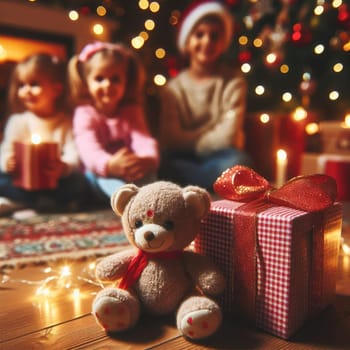 Merry Christmas and Happy Holidays! Cheerful cute childrens girls opening gifts. Kids wearing pajamas having fun near tree in the morning. Loving family with presents in room.