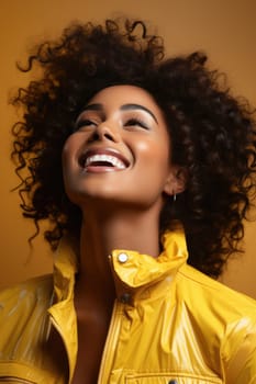 Excited african american female model smiling happily on beige background. AI Generated