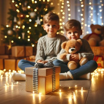 Merry Christmas and Happy Holidays! Cheerful cute childrens girls opening gifts. Kids wearing pajamas having fun near tree in the morning. Loving family with presents in room.