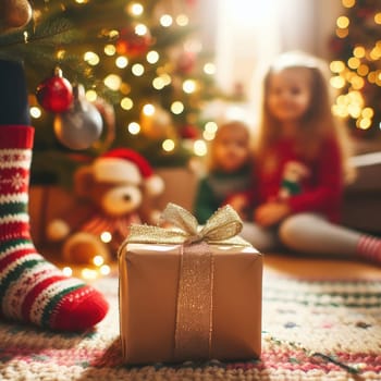 Merry Christmas and Happy Holidays! Cheerful cute childrens girls opening gifts. Kids wearing pajamas having fun near tree in the morning. Loving family with presents in room.