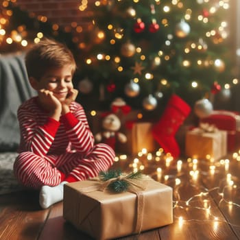 Merry Christmas and Happy Holidays! Cheerful cute childrens girls opening gifts. Kids wearing pajamas having fun near tree in the morning. Loving family with presents in room.