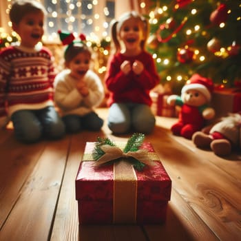 Merry Christmas and Happy Holidays! Cheerful cute childrens girls opening gifts. Kids wearing pajamas having fun near tree in the morning. Loving family with presents in room.