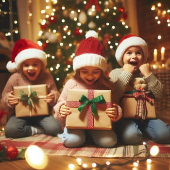 Merry Christmas and Happy Holidays! Cheerful cute childrens girls opening gifts. Kids wearing pajamas having fun near tree in the morning. Loving family with presents in room.