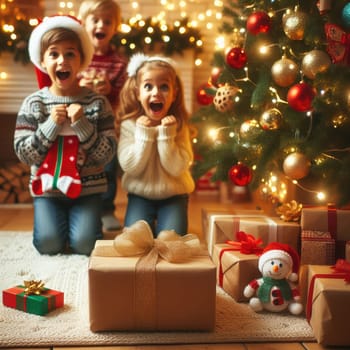 Merry Christmas and Happy Holidays! Cheerful cute childrens girls opening gifts. Kids wearing pajamas having fun near tree in the morning. Loving family with presents in room.