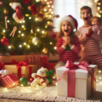 Merry Christmas and Happy Holidays! Cheerful cute childrens girls opening gifts. Kids wearing pajamas having fun near tree in the morning. Loving family with presents in room.