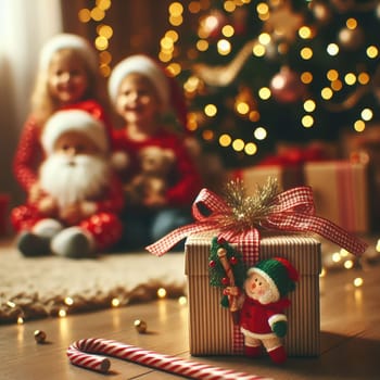 Merry Christmas and Happy Holidays! Cheerful cute childrens girls opening gifts. Kids wearing pajamas having fun near tree in the morning. Loving family with presents in room.